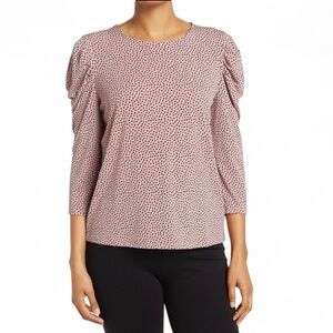 ADRIANNA PAPELL Printed Knit Moss Crepe Blouse Top Ruched Polka Dot Black XL